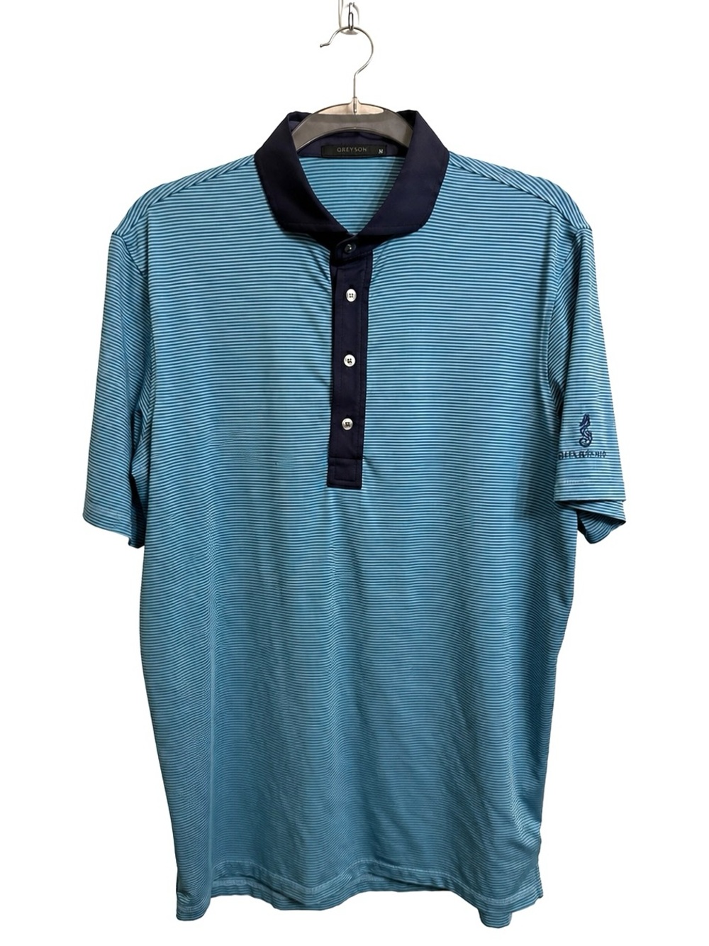 Greyson EUC Chileno Bay Golf Club Blue Striped Performance Polo / Navy Trim